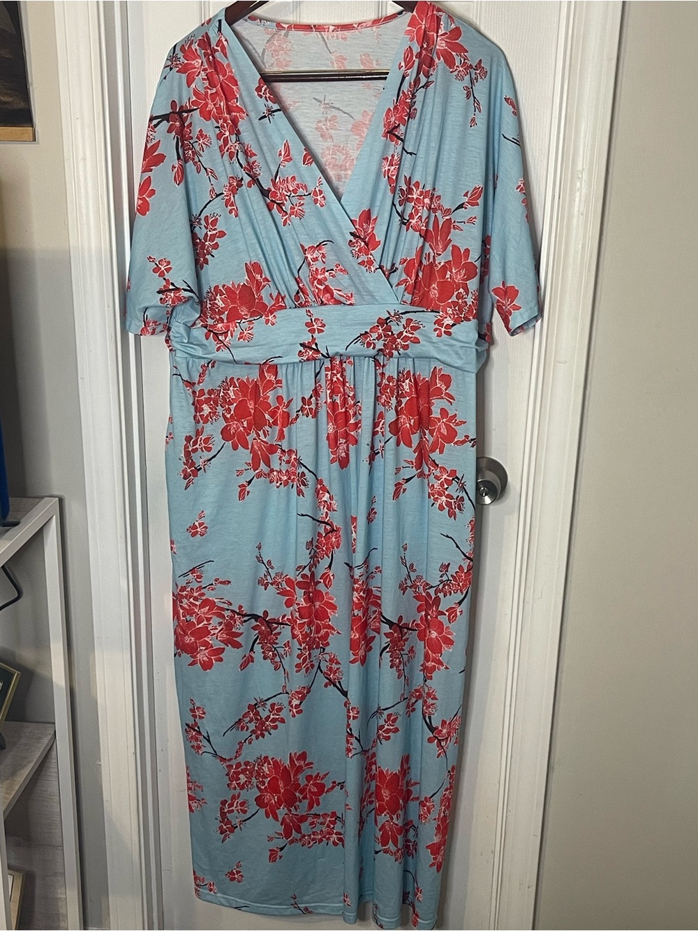 Light Blue Floral Maxi Dress with Red Blossom Print